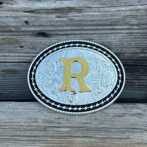 Western Style Matte Black and Silver Oval Shaped Gold Initial R Belt Buckle